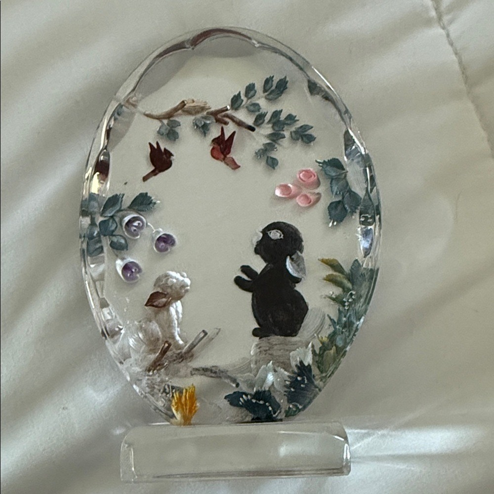 Vintage Reverse Painted Glass Bunny Rabbit Paperweight Woodland Scene Figurine